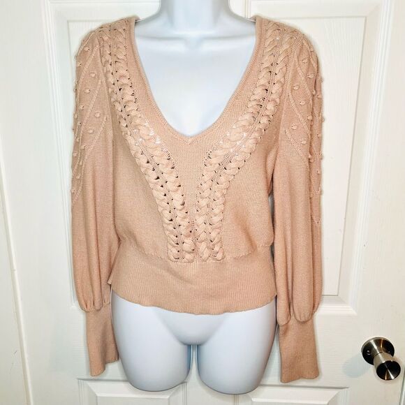 BCBGMaxAzria Bishop Sleeve Cable Knit Textured V-Neck Sweater Open Knit M Blush - Picture 4 of 11